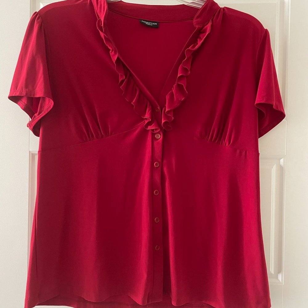 2X Red Perception Women ruffled button down dress shirt
